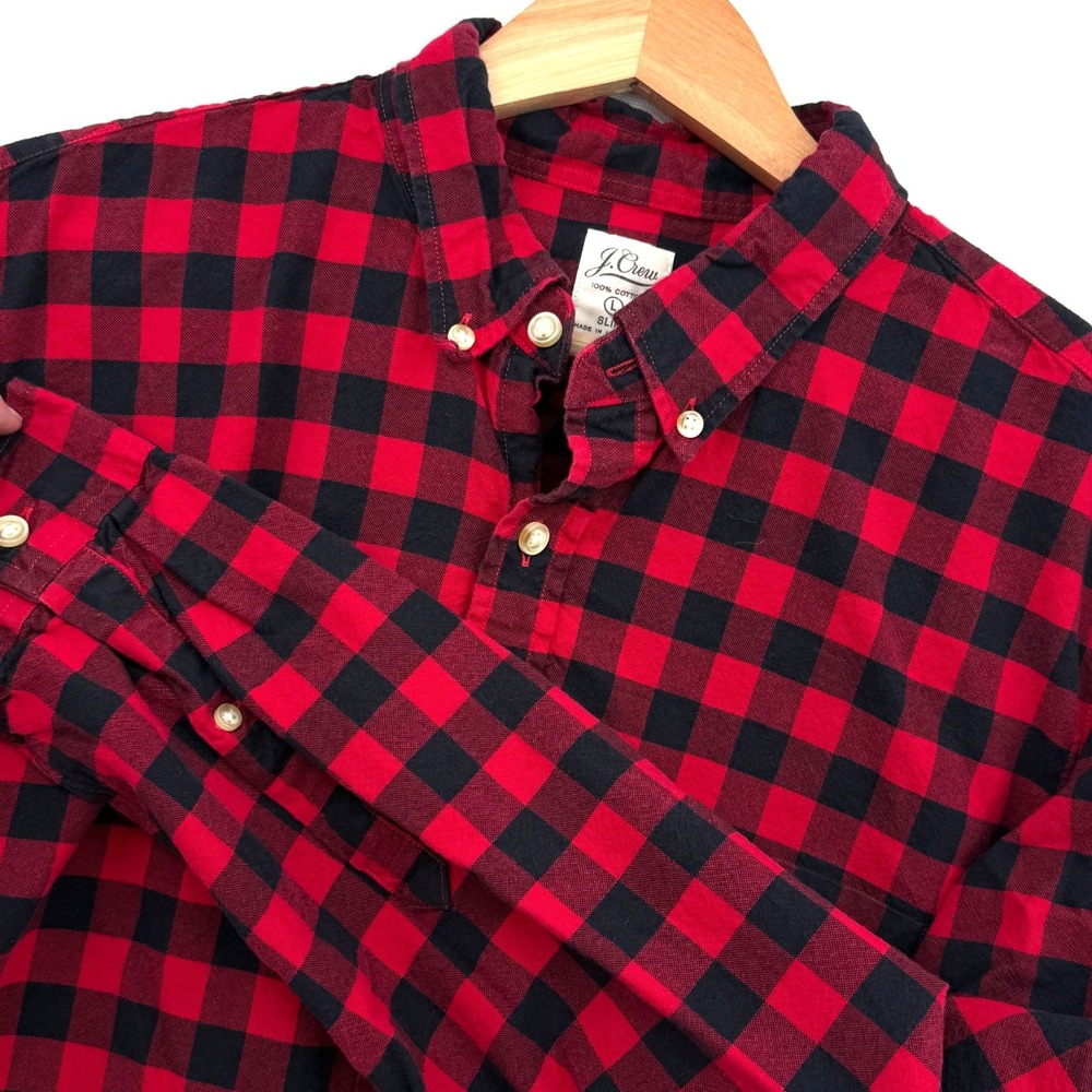J.Crew Button Down Men Large Red Black Buffalo Check Slim Fit Plaid Cabin Rugged